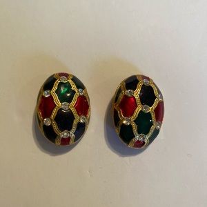 VTG - wine/emerald/sapphire enamel oval clip on earrings with gold/diamond trim